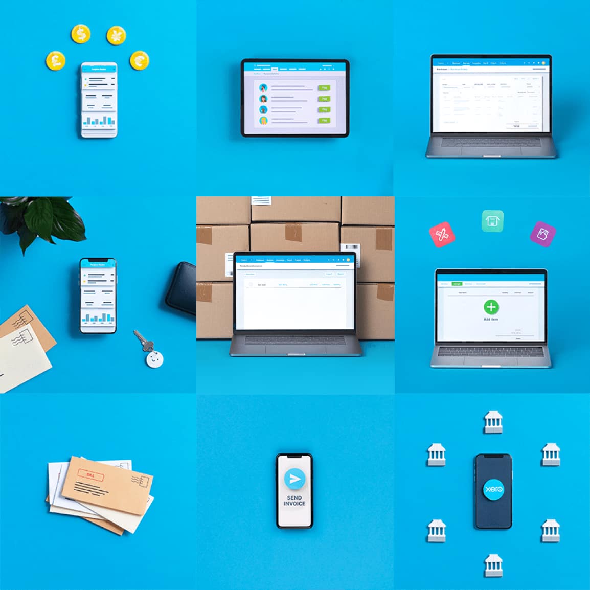 A collage showing Xero’s desktop and mobile features for people comparing Xero vs. QuickBooks.