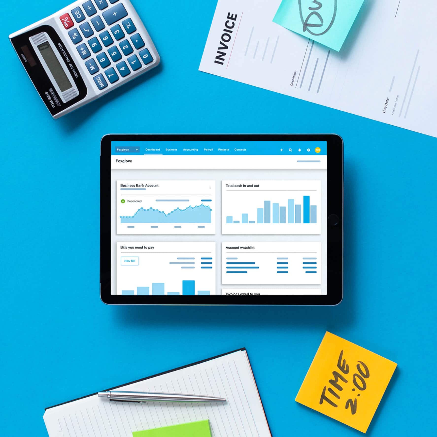 A chart of income and expenses in Xero’s online payroll software displayed on a tablet.