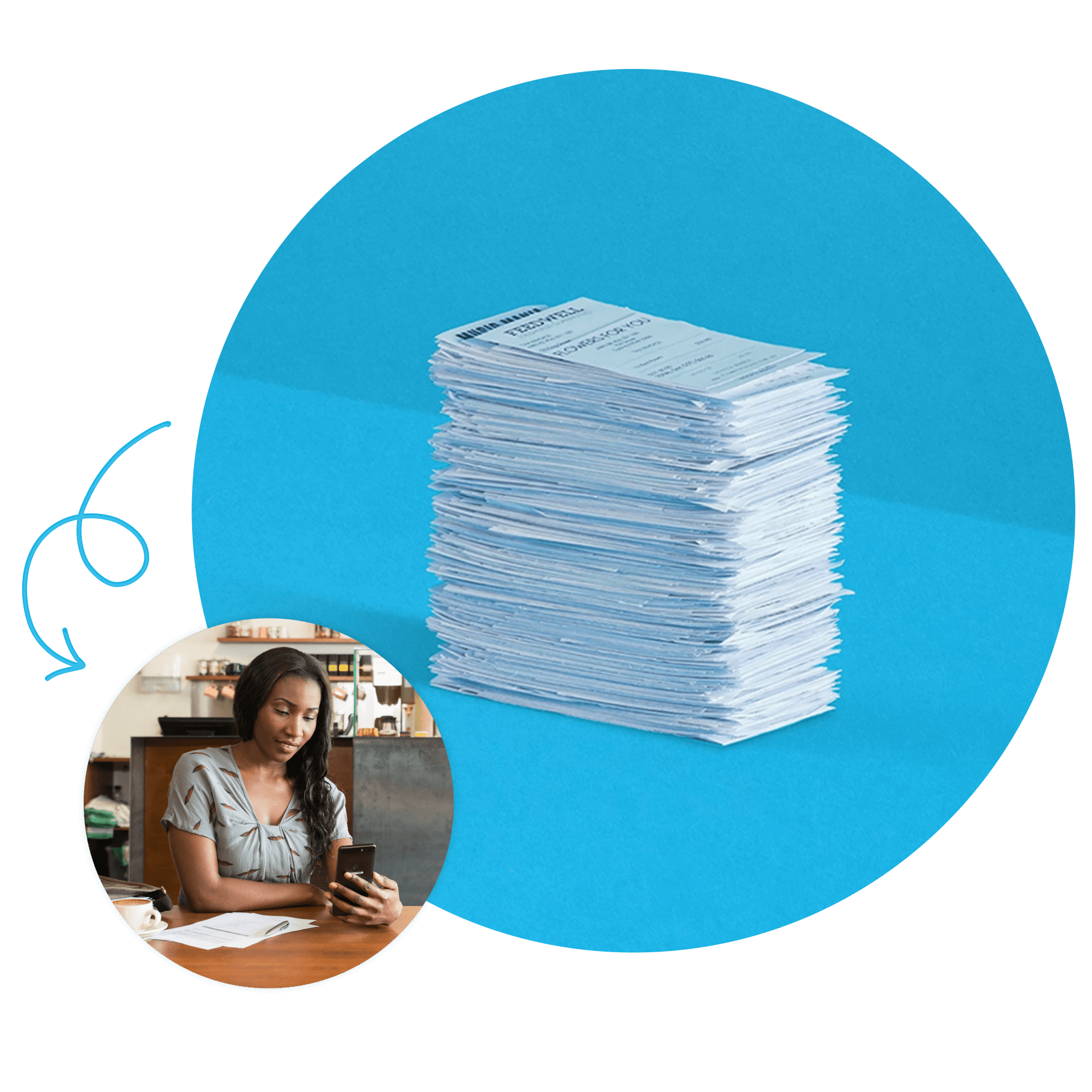 A small business owner uses Xero’s expense tracking software to simplify a stack of expense report receipts.