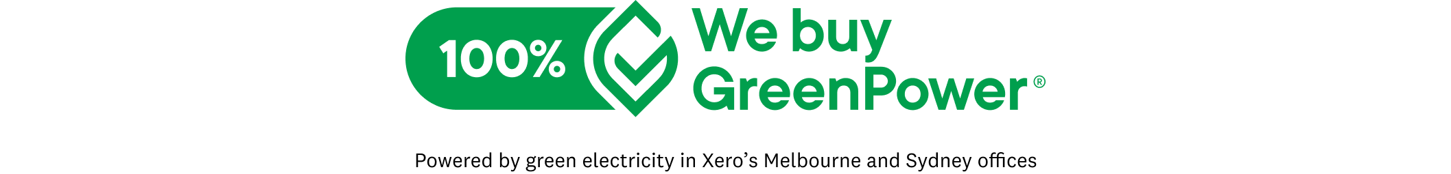 '100% we buy Greenpower' logo with caption 'Powered by green electricity in Xero’s Melbourne and Sydney offices'