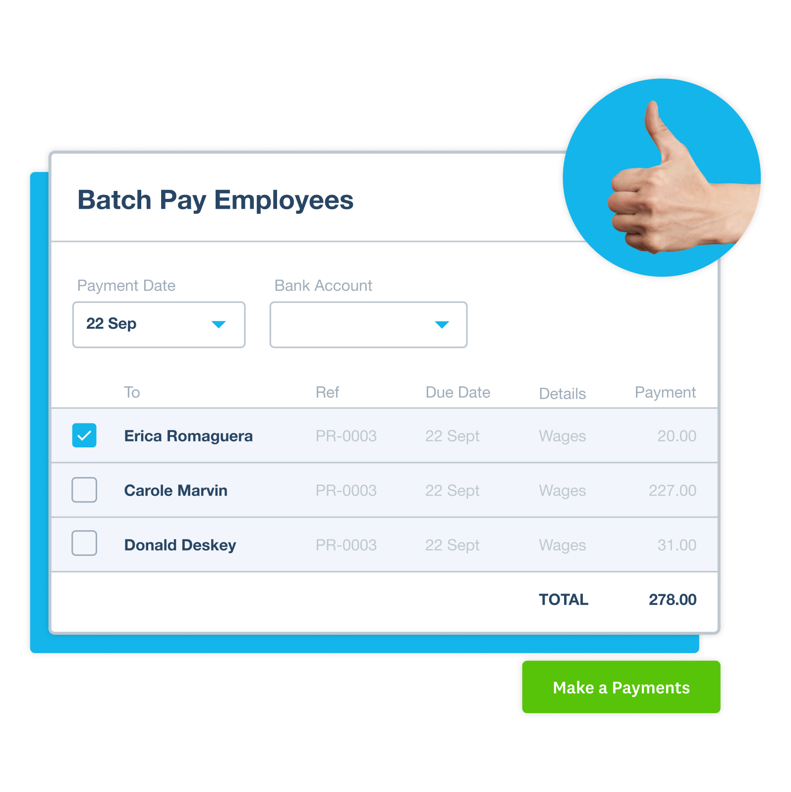 A screen shows employee data and pay records stored in Xero’s online software, ready for a pay run.